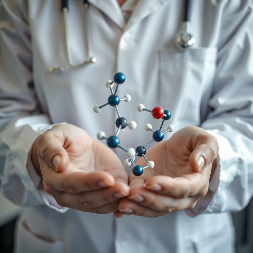 Researcher holding a chemical model