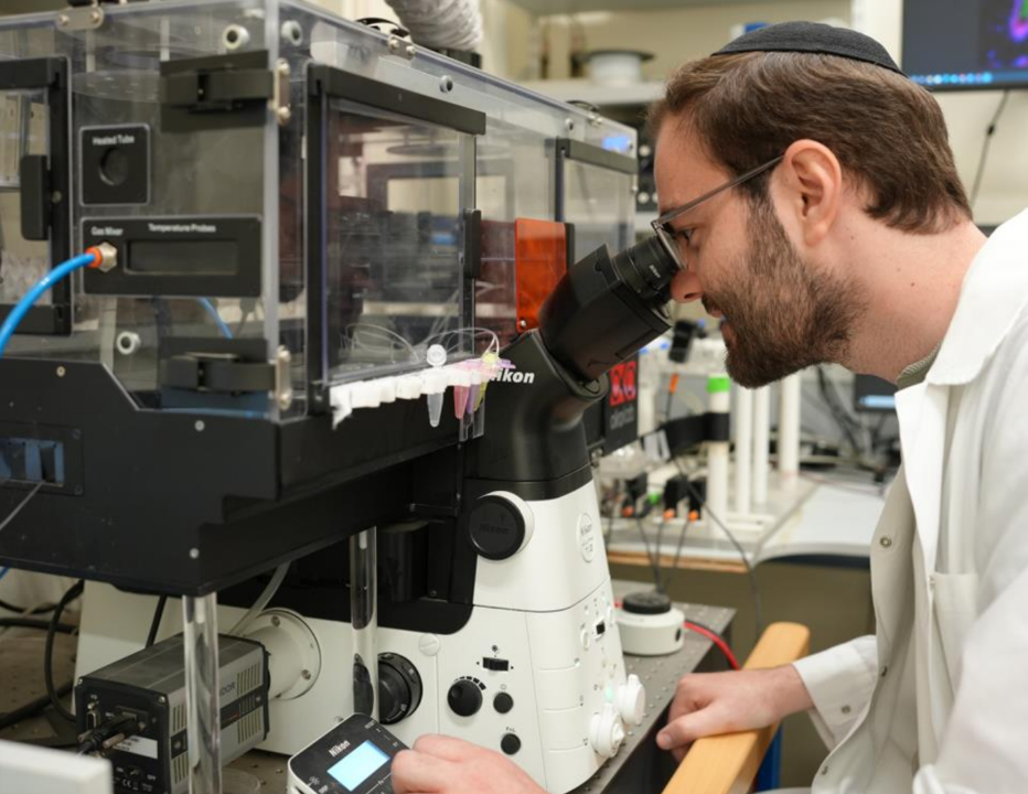 Researcher looking through a microscope